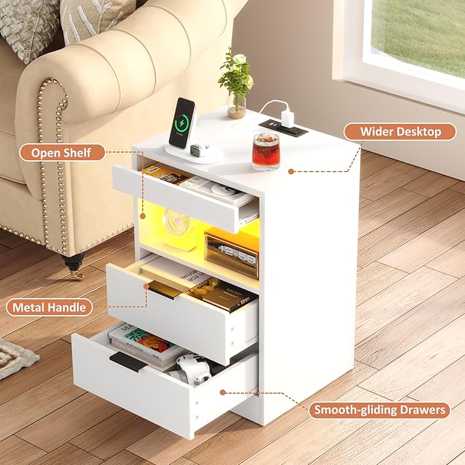 Gadroad LED Nightstand with Charging Station, Bedside Table with USB Ports & Power Outlets, Modern Night Stand with Drawers for Bedroom Small Spaces, White