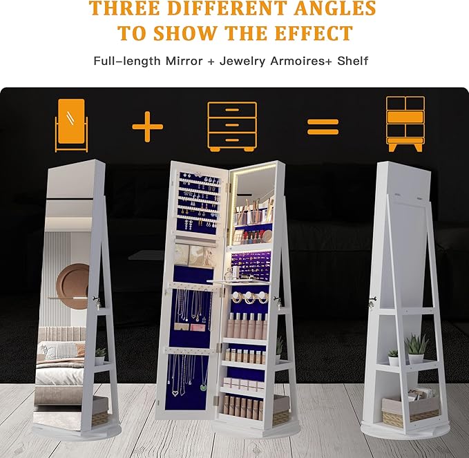 HNEBC LED Light Jewelry Organizer Mirror 360° Rotating, Jewelry Armoire with Door Mirror, Full Length Mirror Jewelry Cabinet, Mirror with Jewelry Storage, Large Jewelry Boxes & Organizers（B_White）