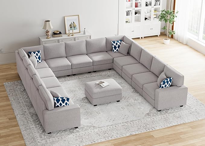 Legend Vansen Oversized Modular Sectional Sofa,U/L‑Shaped Reversible Couch with Ottoman,Deep Seat Plush Polyester Sofa for Living Room,14‑Seater,Light Grey