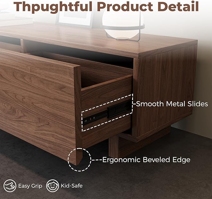 Extendable TV Stand for 65-100 Inches TVs – Walnut Entertainment Console with 3 Drawers & 1 Storage Compartment, Adjustable Length 68.5''-98.4'' (Walnut, 68.5''-98.4'')