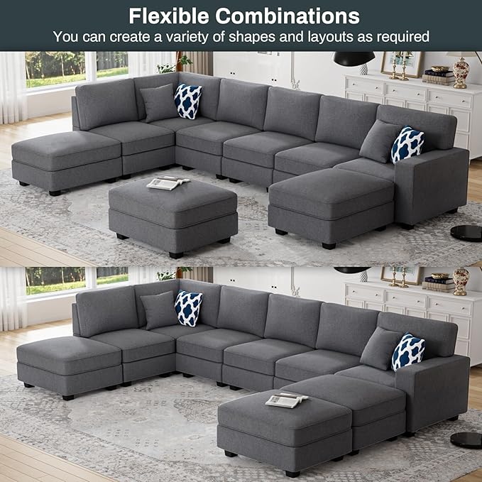 Legend Vansen Oversized Modular Sectional Sofa,U/L‑Shaped Reversible Couch with Ottoman,Deep Seat Plush Polyester Sofa for Living Room,9‑Seater,Dark Grey