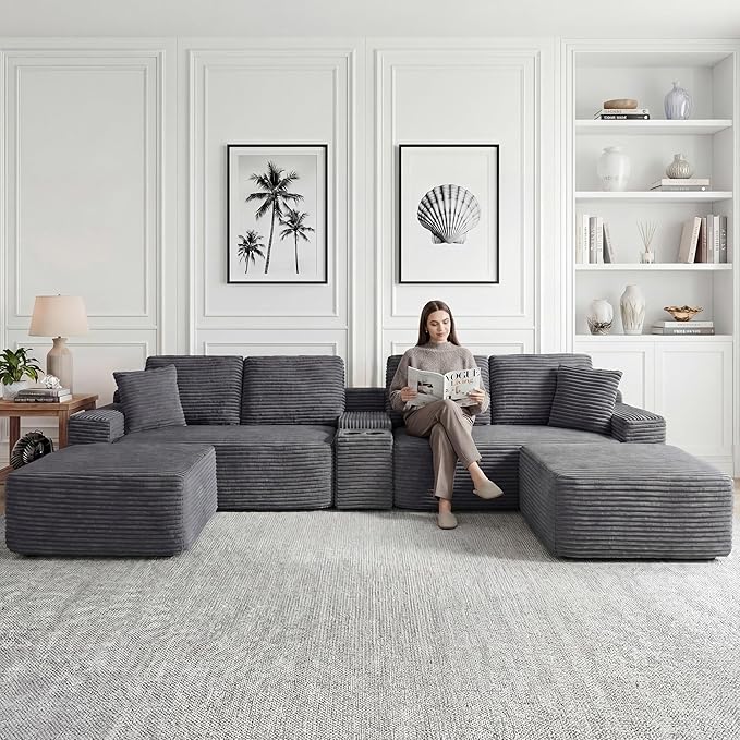 125 Inch Modular Sectional Sofa, Modern Oversized Corduroy Cloud Couch with 2 Ottomans, Cup Holders and USB Ports, U Shape Couch Boneless Couches for Living Room, No Assembly Required, Camel