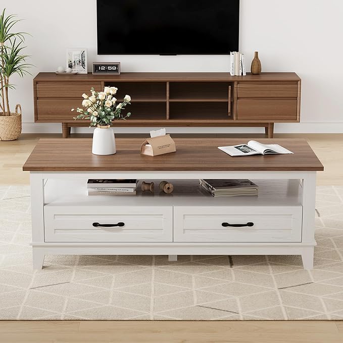 IDEALHOUSE Farmhouse Coffee Table with Drawers, 47.2” Rustic Center Table with Open Shelf and 6 Support Legs, Large Living Room Table with Storage