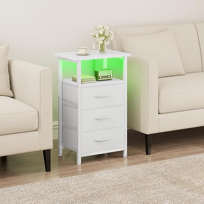 Vagusicc Night stand Set 2 with Charging Station, LED Nightstand for Bedroom, White Bedside Table with 3 Fabric Drawer, End Table Side Table with USB Ports & Outlets, Bed Side Table for Bedroom, White