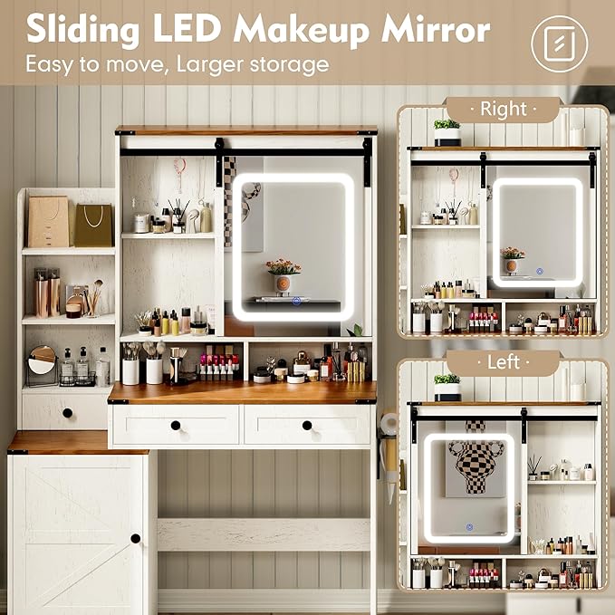 KAMABOKO Vanity Desk with Lighted and Mirror, White Makeup Table with Drawers and Charging Station, 3 Model Adjustable for Bedroom & Dressing Room (041 Brown)