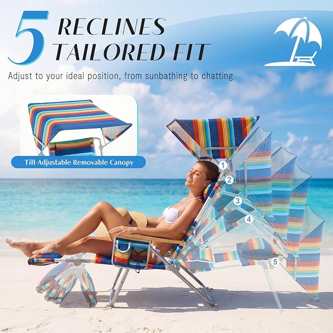 5-Positon Backpack Beach Chair, Portable Folding Tanning Chair, Double Shoulder Straps Beach Lounge Chair with Footrest, Face Hole, Towel Bar (Rainbow, 60.6" with Canopy)