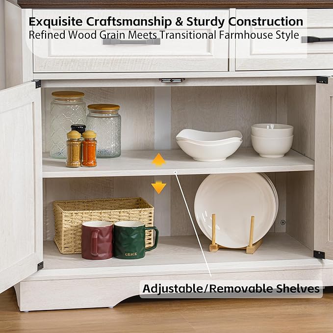 66" Large Sideboard Buffet Cabinet with Storage, Farmhouse Buffet Table Coffee Bar Wine Bar Kitchen Storage Cabinet with Drawers for Dining Room, Living Room, White & Walnut