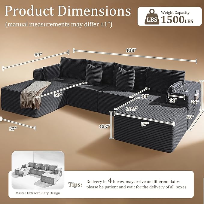 138" Oversized Cloud Sectional Couch, Comfort U Shaped Sofa for Living Room, Extra Deep Seats No Assembly, Minimalist Modular Couch, Corduroy (Dark Grey, 3 Seater+Left Facing Chaise+Ottoman)