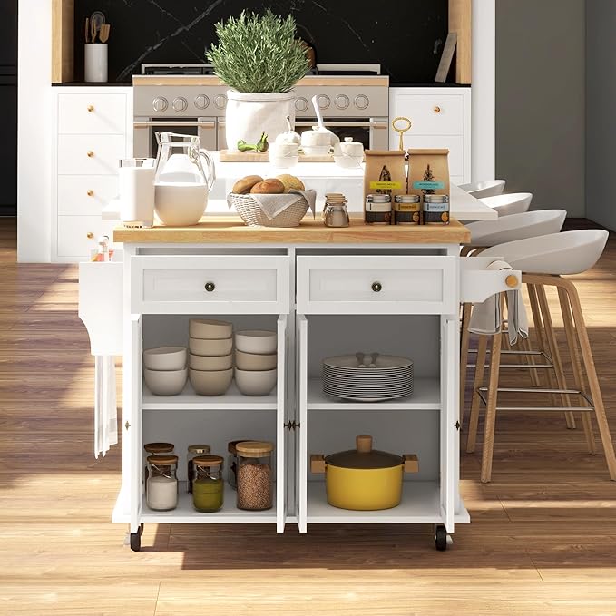 HOMCOM Kitchen Island Cart with Solid Wood Top, 44" Mobile Kitchen Island Table on Wheels with Storage Cabinets, 2 Drawers, Adjustable Shelves, Spice Rack & Towel Bar for Dining Room, Cream White