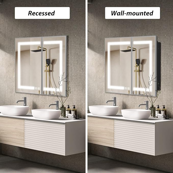 APRILSOUL 36x30 Inch Lighted Bathroom Medicine Cabinet with Mirror, Silver Recessed or Surface Mount Medicine Cabinet Mirror with Storage and LED Lights, 3 Colors Temperature, Dimmable Light