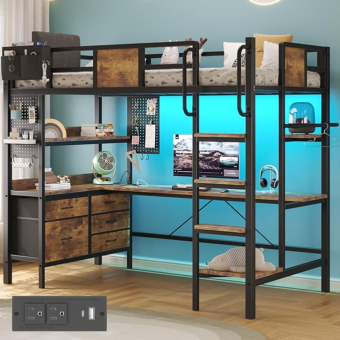 BYSAUD Twin Loft Bed with Desk and Storage, Metal Bunk Bed with 5 Drawers and 2 Pegboards, Heavy Duty Loft Bed Twin Size with LED Lights and Charging Station for Teens Adults, Noise Free, Brown
