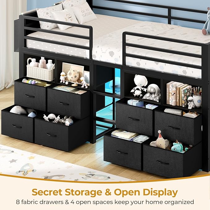 ADORNEVE Low Loft Bed Twin Size with 8 Storage Drawers, Twin Loft Bed with Bookcase and LED Lights, Metal Kids Loft Bed with 14" H Safety Guardrail, Under-Bed Play Space, No Box Spring Needed, Black