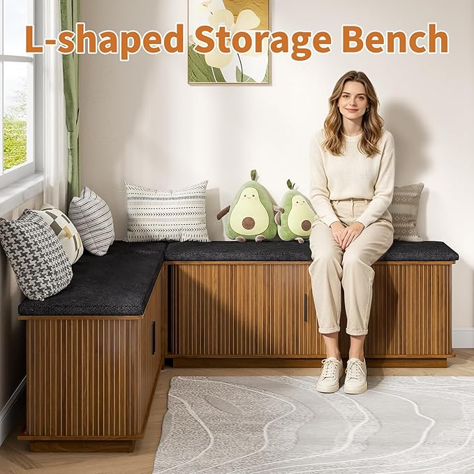 L-Shape Storage Bench with Cushion, Walnut Corner Dining Bench with Hidden Storage, Fluted Breakfast Nook Bench for Dining Room, Kitchen, Entryway, Cloakroom