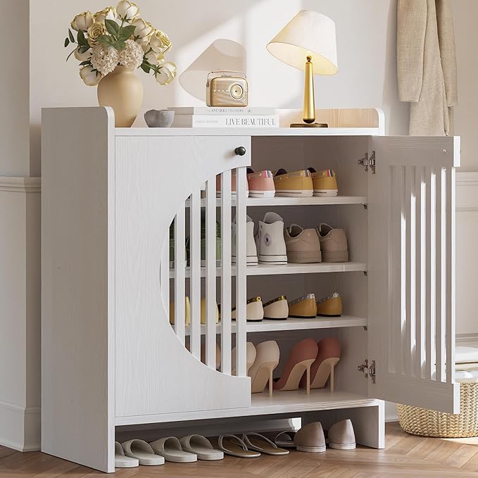 LIKIMIO Shoe Cabinet with Adjustable Shelves, 4-Tier Shoe Storage Cabinet with Slatted Doors, Freestanding Wooden Shoe Cabinet Storage for Entryway, Hallway, Living Room, White