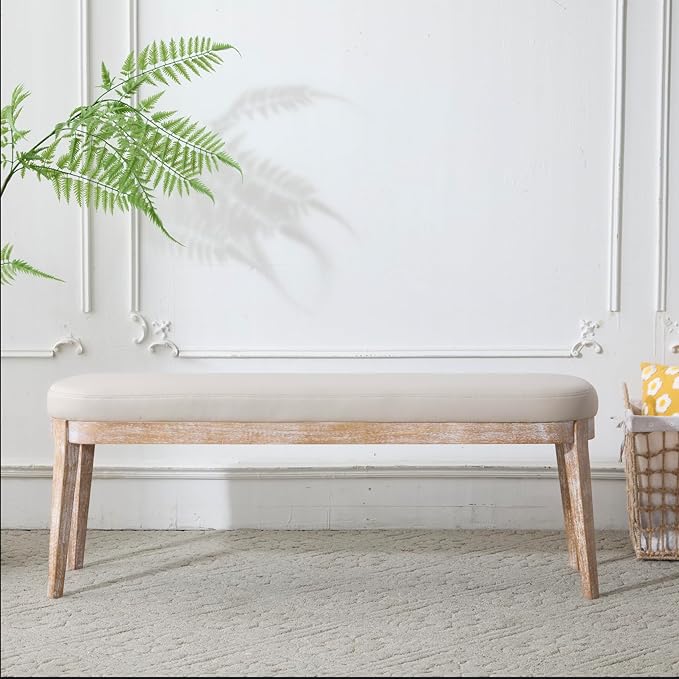 Christopher Knight Home Ella Mid-Century Faux Leather Upholstered Dining Bench, End of Bed Footrest, Entryway/Hallway Seating, Indoor Ottoman Bench with Padded Seat and Solid Wood Leg, Beige+Natural