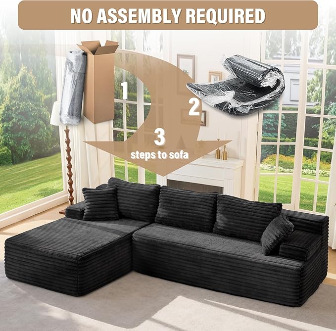 Hobestluk Modular Sectional Sofa Boneless Couch L-Shape Couch 3 Seat Modular Couch Memory Foam Sectional Couches for Living Room Furniture, Cloud Couch with Oversized Chaise (108" Left Facing Chaise)