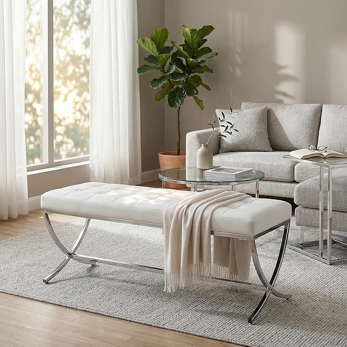 LukeAlon Modern PU Leather Dining Bench, Button Tufted Ottoman Bench with X-Shape Chrome Finish Upholstered End of Bed Bench Comfy Entryway Bench for Bedroom Kitchen, White