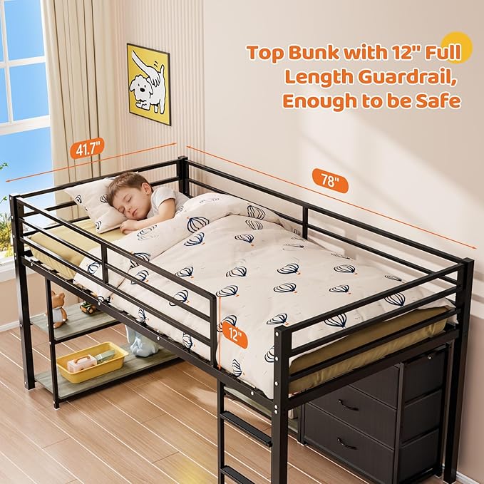 JOYMOR Low Loft Bed Twin Size with 3 Storage Drawers, 2 Tier Storage Shelves, 2 Tier Bookcase and LED Lights, Metal Kids Loft Bed with Safety Guardrail, Spave Saving Design (Black)