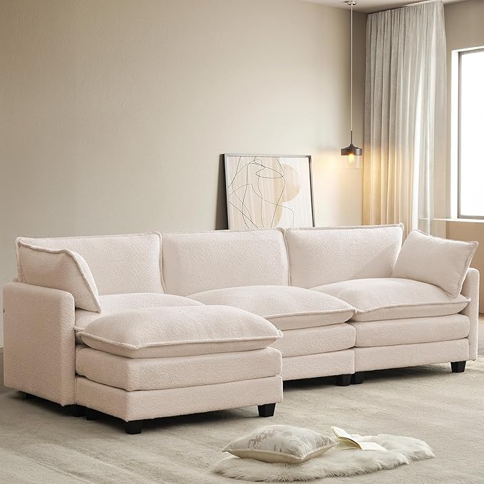 ROWHY 112'' Modular Sectional Cloud Couch with Movable Ottoman, 4 Seat Modern Chenille Sofa with 2 Throw Pillows, Deep Seat L Shaped Couch for Living Room Bedroom Apartment, Beige