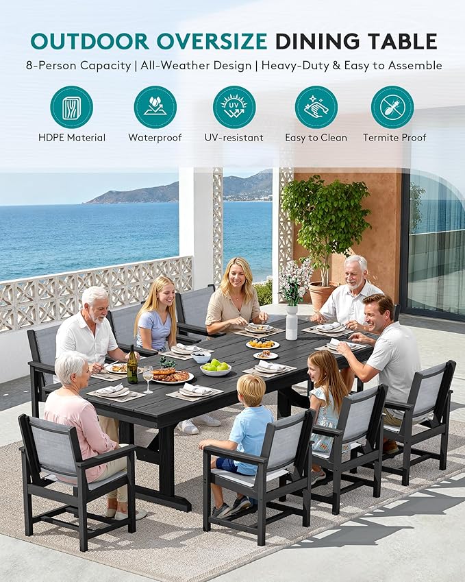 SERWALL 9 Piece Outdoor Dining Set, 84" HDPE Outdoor Large Table and Textilene Sling Chairs for 8，All Weather Patio Dining Furniture Set with Umbrella Hole for Backyard, Garden, Black