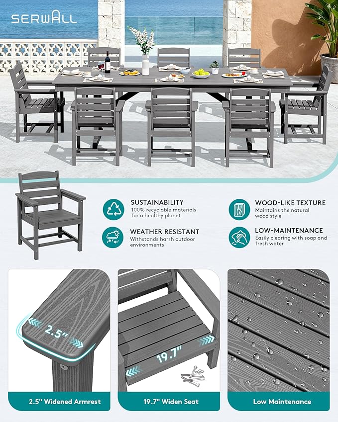 SERWALL Outdoor Dining Chairs Set of 2, All-Weather HDPE Patio Chair with 19.7" Widened Seat, for Backyard, Garden, Gray
