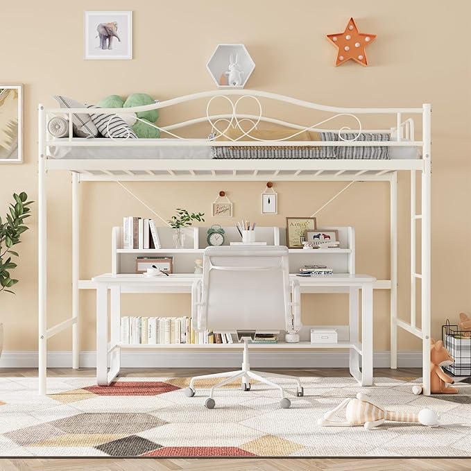 IDEALHOUSE Loft Bed Twin Size with Ladder & Full Safety Guardrail, Heavy Duty Metal Twin Loft Bed 400 Lbs Load Capacity, Space-Saving, Noise Free, No Box Spring Needed, Easy Assembly, Cream White