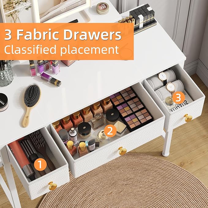 HIGDBFE Small Makeup Vanity Desk 27.5''W with Mirror and Lights, Vanity Desk with 3 Fabric Drawers and Height-Adjustable Stand, Vanity Table for Girls Gifts, Bedroom and Small Spaces, White