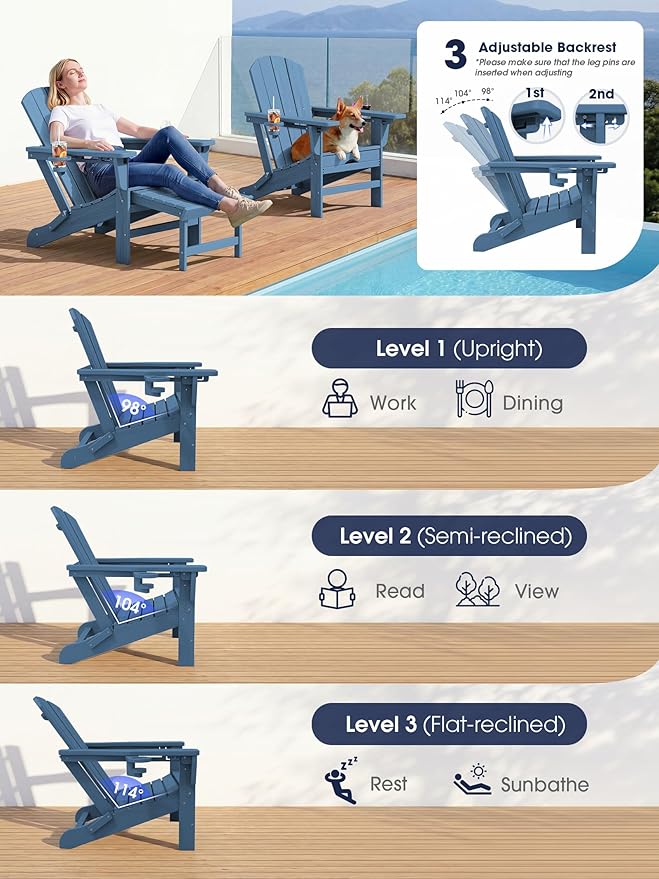 KINGYES Folding Adjustable Adirondack Chair with Ottoman & 2 Cup Holders Set of 4, HDPE Recliner Adirondack Chair with Footrest, Blue