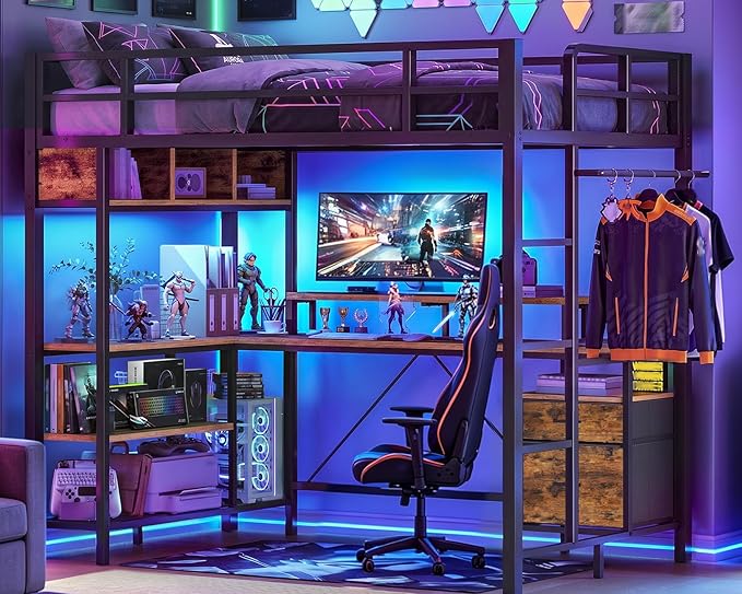 RALGEND Twin Loft Bed with L-Shaped Gaming Desk and Charging Station, Metal Loft Bed Frame with RGB Lights, Storage Drawers and Hanging Rod, Loft Bed for Teen/Adult, Rustic Brown