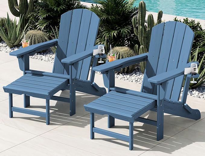 KINGYES Folding Adjustable Adirondack Chairs with Ottoman & 2 Cup Holders Set of 2, HDPE Adirondack Recliner Chair with Footrest, Blue
