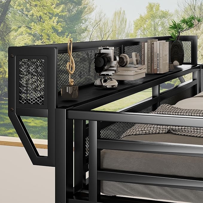 KEIKI Twin XL Size Metal Loft Bed Frame with Convertible Staircase, Built-in Storage Shelves & Wardrobe, Loft Bed with Solid Slat & Guardrail, No Box Spring Required, Easy Assembly, for Bedroom, Black
