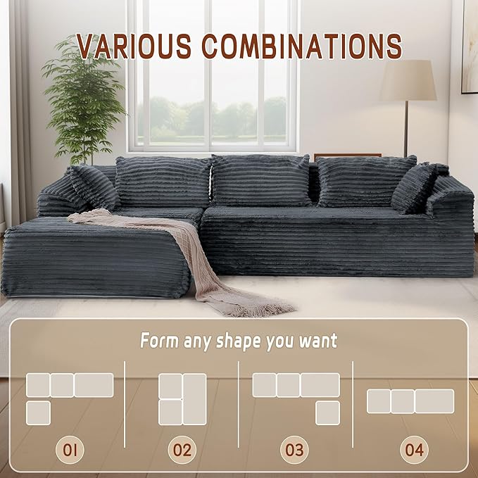 Korser 110" L-Shaped Modular Sectional Sofa with Chaise, Boneless Comfy Corduroy Fluffy Couch with Deep Seat and Side Pockets, Flexible Module Combination for Living Room, No Assembly, Side Pockets