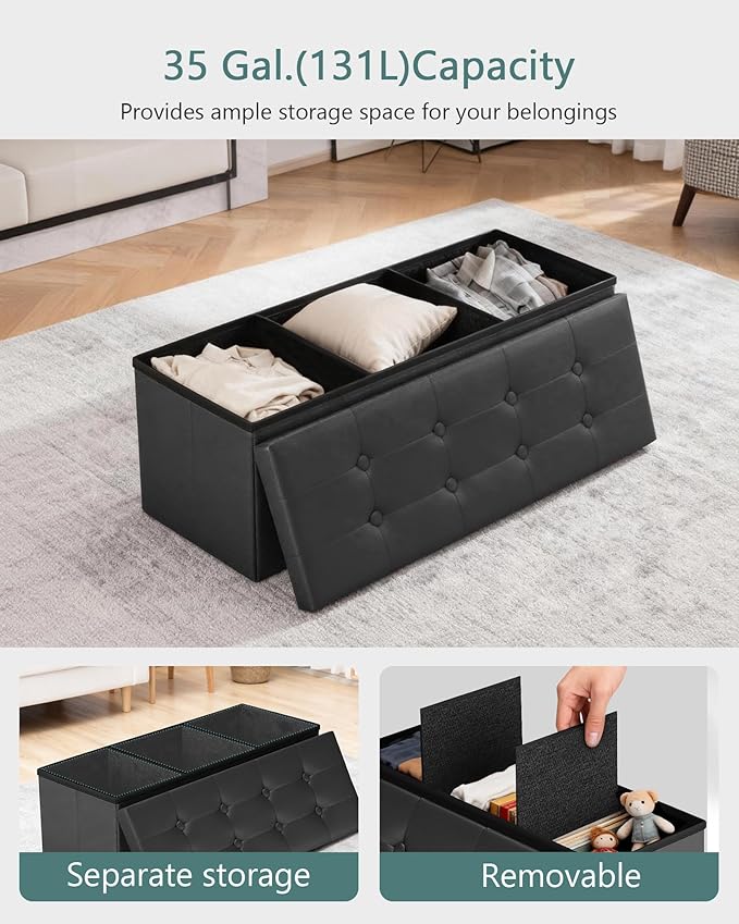 LITZFUR 43 Inches Folding Storage Ottoman Bench, PU Leather Storage Chest, Footrest Padded Seat for Bedroom and Hallway, Holds up to 660 lbs, Black