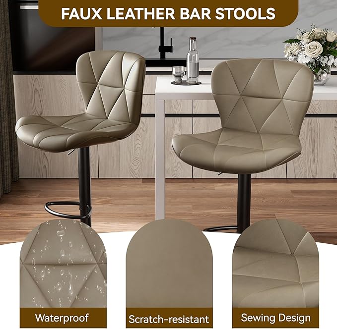 Nalupatio Modern Bar Stools Set of 2, Adjustable Faux Leather Upholstered Swivel Bar Stools, Counter Height Bar Chairs with Back for Kitchen Island, Dark Khaki