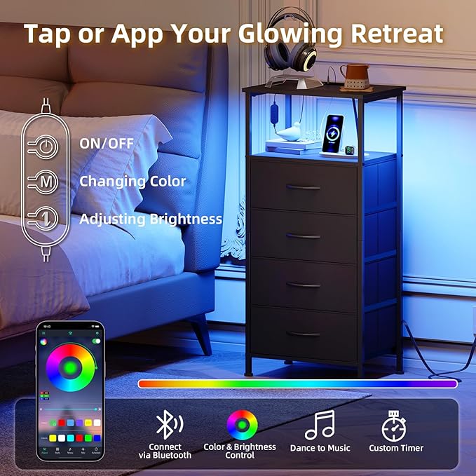 Somdot Black Nightstand with Charging Station and LED Light for Bedroom, Tall 4 Drawers Dresser with Fabric Bins for Bedside Kids Dorm Room Closet Laundry Entryway, Black