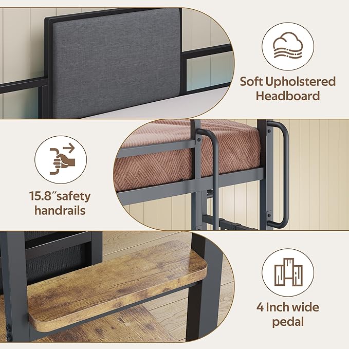 BYSAUD Loft Bed with Desk, Loft Bed Twin Size with 6 Storage Drawers & 4 Storage Shelves,Twin Loft Beds with LED Lights & Charging Station, Bunk Bed with Safety Guard, No Box Spring Needed, Brown