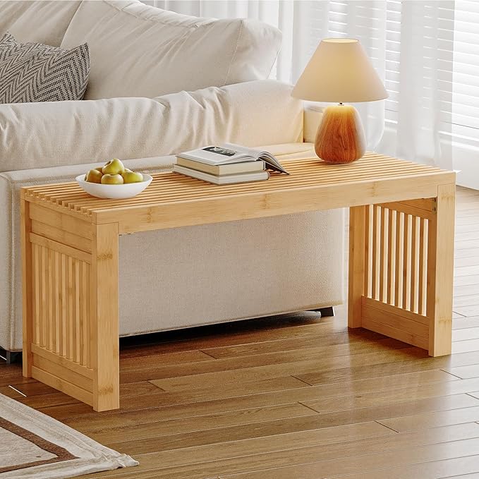HOOBRO Bamboo Dining Bench, 35 inch Farmhouse Kitchen Table Bench, Solid Bamboo Dining Room Bench for Kitchen, Living Room, Hallway, Bedroom, Natural YL16CD01