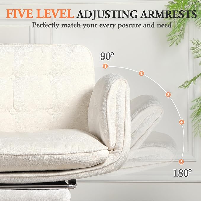 Criss Cross Chair with Footrest & 5 Level Folding Arms Full Relaxation, Wide Cross Legged Office Chair for Home Office, Comfy Swivel Desk Chair with Ottoman, Chenille Vanity Chair (White)
