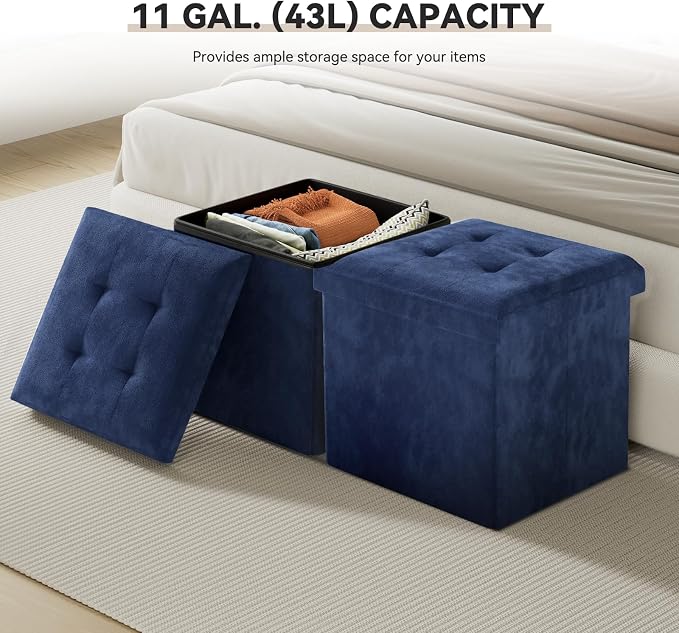Storage Ottoman Bench, 15 Inch Ottoman Foot Rest, End of Bed Bench, Storage Chest for Living Room, Bedroom, Entryway, Navy Blue