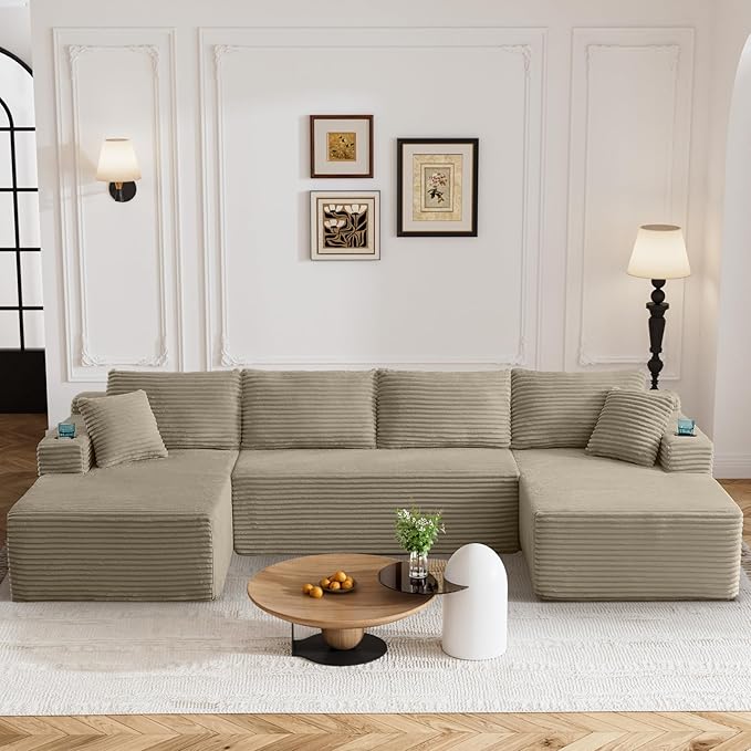 133" Oversized Cloud Boneless Sofa Couch with Chaise, Modern Corduroy U Shaped Modular Sectional Sofa with Deep Seat, Comfy Couch with Cupholders and Storage, No Assembly Required-Camel