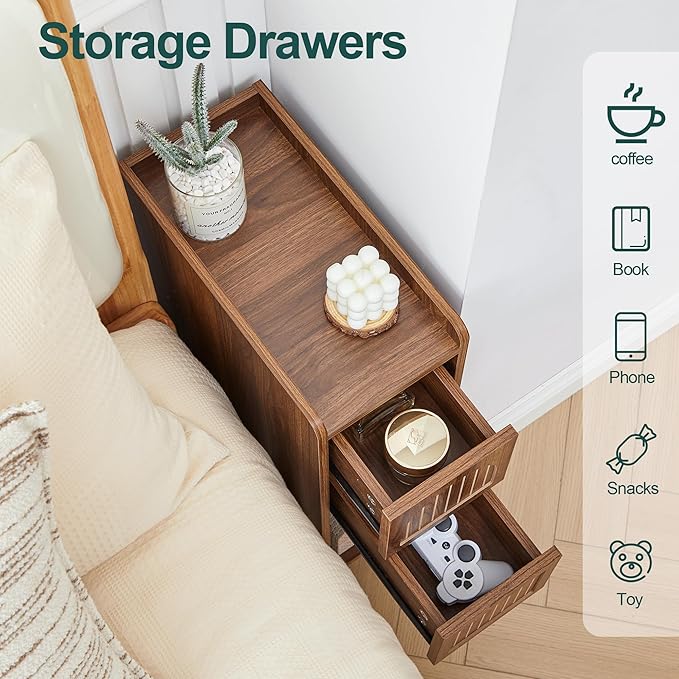 Narrow Nightstand Set of 2, Wooden Small 2 Drawer Nightstand, Slim Side End Table, Skinny Bedside Table, Mid Century Modern Night Stand with Drawers, for Living Room (Deep Walnut-2 pcs)