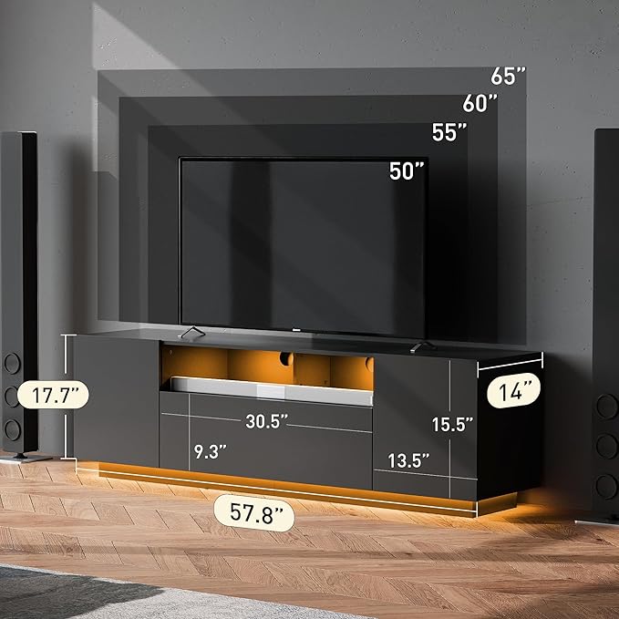 WLIVE LED TV Stand for 55/60/65 Inch TVs, Modern Entertainment Center with Storage Cabinets and Drawer, Gaming Media TV Console with RGB Lights for Living Room, Black