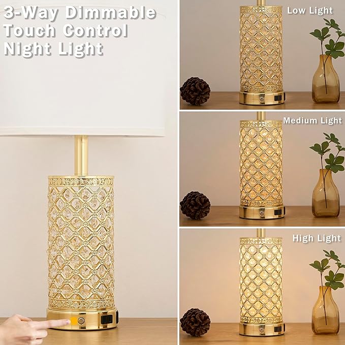 SAIWEYA Crystal Table Lamp Set of 2-24in Gold Bedroom Lamps 3-Way Dimmable Touch Lamp with Night Light, 2 USB Ports + AC Outlet Bedside Night Stand Lamp for Living Room (Gold-2 Pack 24In)
