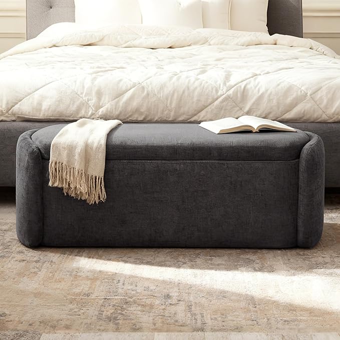VKNOW 46" Oval Storage Ottoman Bench, Upholstered End of Bed Bench Ottomans Bench Foot Rest, Sherpa Storage Bench for Bedroom, Living Room and Hallway, Dark Grey