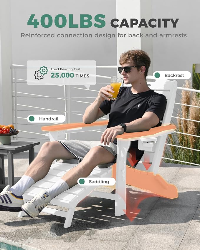 Adjustable Adirondack Chairs Set of 6 with Retractable Ottoman, HDPE Folding Adirondack Chair with Cup Holders, Weather Resistant for Backyard, Poolside & Fire Pit (White)