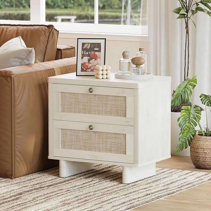 LAZZO White Nightstands Set of 2, Mid Century Modern Night Stand with 2 Rattan Drawers, Bedroom End Tables