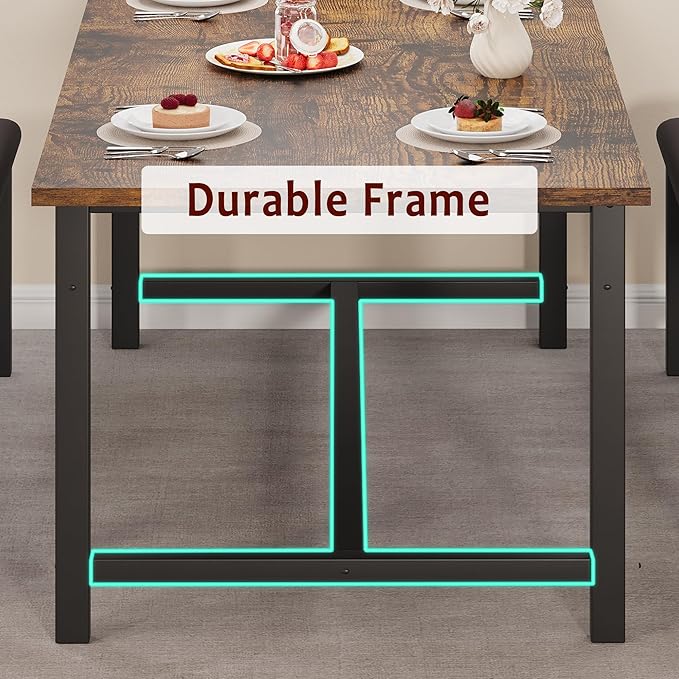 IDEALHOUSE 3 Piece Dining Table Set for 4-6, 63" Extendable Thick Metal Frame Kitchen Table with 2 Upholstered Benches Set for 6, Rectangle Wooden Dinette Table Set for Dining, Apartment, Retro Brown