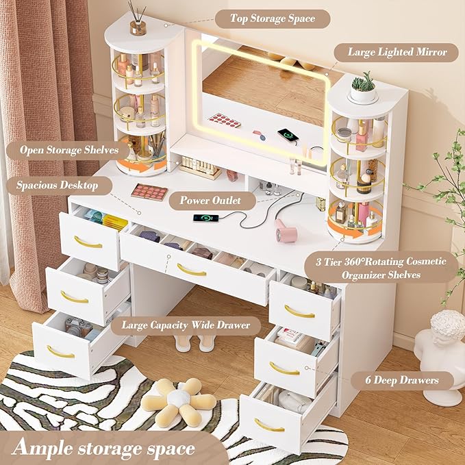 Vanity Desk with LED Mirror and 360 Rotating Makeup Organizer Shelves, White Makeup Vanity with Lights & Charging Station, Large Vanity Table with 6 Storage Drawers Bedroom Makeup Desk for Women Girls