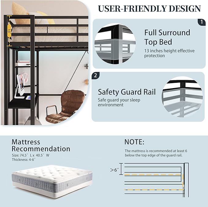 SUNLEI Loft Bed Twin Size with Desk and Safety Guard Rail, Twin Size Metal Bed Frame with Double Layer Shelves for Storage, No Box Spring 2 Security Ladders, Midnight Black