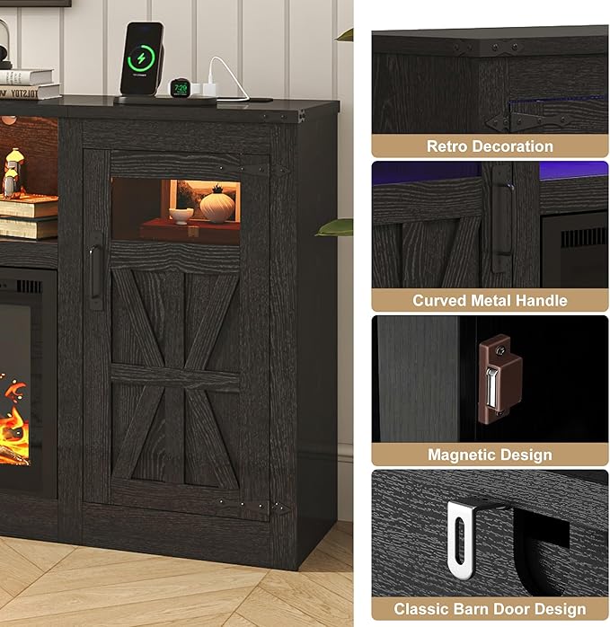 Fireplace TV Stand for 100 Inch TV, 95" Farmhouse Entertainment Center with 60" Electric Fireplace & LED Lights, Large Media Console for Living Room, Rustic Barn Doors, Power Outlets,Black